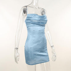 Sleeveless Solid Backless Cowl Neck Beaded Cami Dress