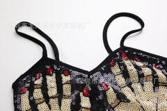 Palm Pattern Glitter Backless Contrast Cami Top