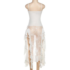 Lace Patchwork Square Neck Ruffle Solid Cami Mini Dress