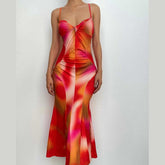 Contrast Knotted Ruched Low Cut V Neck Backless Cami Midi Dress