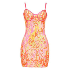 Sleeveless Sweetheart Neck Low Cut Contrast Print Backless Cami Dress