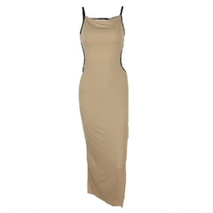 Ribbed Contrast Hollow Out Self Tie Backless Slit Cami Midi Dress