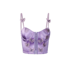 Butterfly Applique Button Bustier Satin Low Cut Cami Top