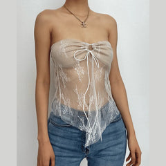 Sweetheart Neck Solid Lace Hem Backless Lace Up Tube Top