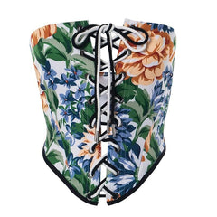 Lace Up Bustier Flower Print Contrast Backless Tube Top