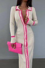 Lapel Contrast Single-Breasted Ribbed Dress
