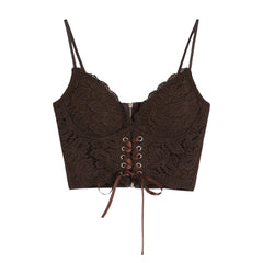 V Neck Heart Neck Solid Lace Up Zip-Up Lace Hem Cami Top