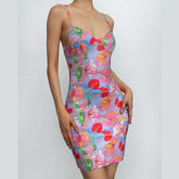 Flower Print Contrast Low Cut V Neck Cami Mini Dress