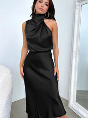 Addison Stretch Satin Charming Long Sleeve Midi Dress