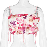 Backless Self Tie Ruched Flowers Print Contrast Cami Top - Final Sale