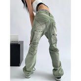 Women'S Green Jeans Vintage Washed Multiple Pockets Wide Leg Pants Casual Street High Waist Baggy Denim Trouser Ladies Summer