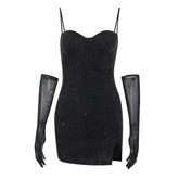 Gloves Solid Beaded Slit Sweetheart Neck Cami Mini Dress