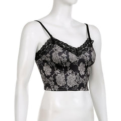Flower Print Lace Hem V Neck Contrast Backless Cami Crop Top
