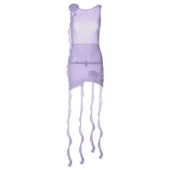 Sheer Mesh See Through Solid Ruffle Flower Applique Sleeveless Mini Dress