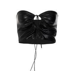 Pu Drawstring Halter 2-Way Ruched Backless Solid Tube Top
