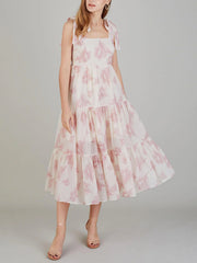 Unique Retro Sunshine Floral Graceful Print Lace-Up Midi Dress