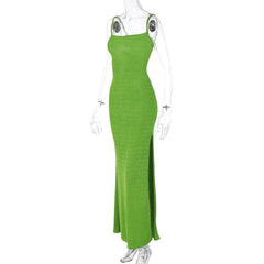 Backless Square Neck Lace Up Backless Solid Slit Cami Midi Dress