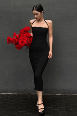 French Halter Neck Long Slim Dress