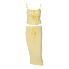 Ruffle Backless Drawstring Corset Solid Cami Midi Dress