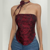 Rose Print Zip-Up Flower Applique Contrast Tube Top