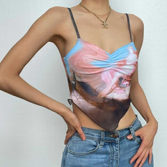 Mesh Abstract Contrast V Neck Ruched Lace Up Cami Crop Top