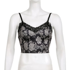Flower Print Lace Hem V Neck Contrast Backless Cami Crop Top