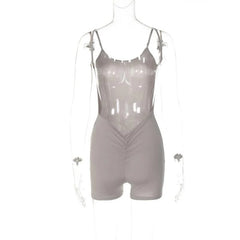 Ruched U Neck Solid Backless Cami Romper