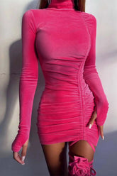Suede Mock Neck Drawstring Flowers Mini Dress