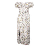 Short Sleeve Off Shoulder Puff Sleeve Slit Flower Pattern Ruched Midi Dress