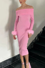 Off-Shoulder Fuzzy Cuff Ribbed Knit Dress