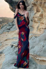 Printed Sleeveless One Shoulder Long Dress