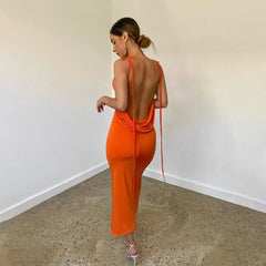 Lena Spaghetti Strap Sexy Backless Draped Maxi Dress