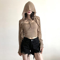 Ruffle Hoodie Self Tie Solid Long Sleeve Shrug 2 Piece Cami Crop Top