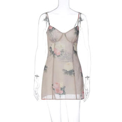 Chiffon Flower Print Contrast V Neck Zip-Up Cami Mini Dress