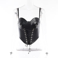 Lace Up Sweetheart Neck Pu Leather Zip-Up Cami Crop Top