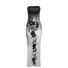 Palm Print Contrast Zip-Up Slit Square Neck Cami Maxi Dress