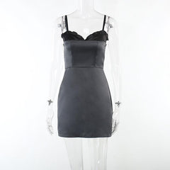 Patchwork Satin Ruffle Contrast Zip-Up Backless Cami Mini Dress - Final Sale