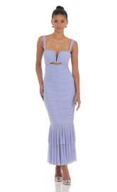 Mesh Ruched Mermaid Midi Dress in Periwinkle