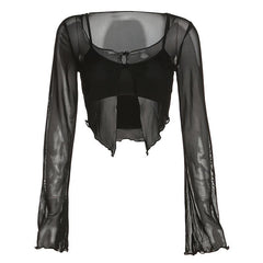 Mesh Long Sleeve Ruffle Button Square Neck Solid Cami 2 Piece Crop Top