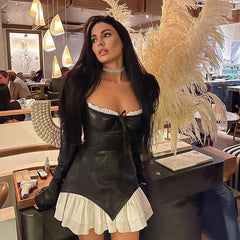Low-Cut Lace-Up Ruffle Black Leather Dress