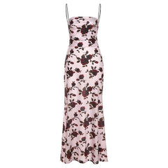 Flower Print Low Cut Spaghetti Strap Contrast Lace Up Backless Midi Dress