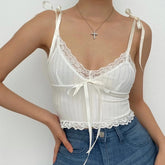 Hem Lace Self Tie Ribbed Crop Cami Top