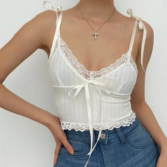Hem Lace Self Tie Ribbed Crop Cami Top
