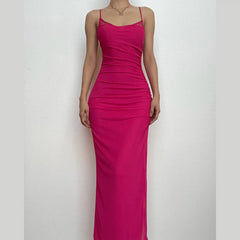 Mesh Ruched Slit Square Neck Solid Backless Cami Midi Dress