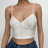 Lace Hem V Neck Contrast Textured Backless Cami Crop Top