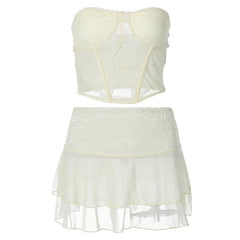 Mesh Solid Sleeveless Backless Lace Hem Tube Top Skirt Set