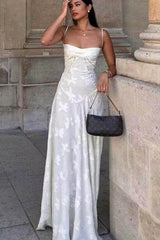 Slim Backless Fishbone White Maxi Dress