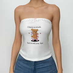 Backless Lace Hem Bear Pattern Contrast Tube Top