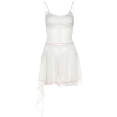Mesh Ruffle Irregular U Neck Backless Bowknot Patchwork Cami Mini Skirt Set