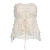 Chiffon Ruched Solid Self Tie Zip-Up Backless Tube Top